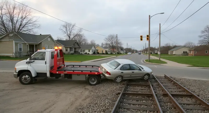 Flatbed loading a vehicle near the Beatline Road railroad crossing in Long Beach, MS