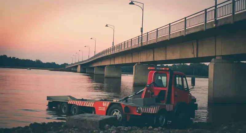 Flatbed tow truck crossing the Ocean Springs Bridge on US-90